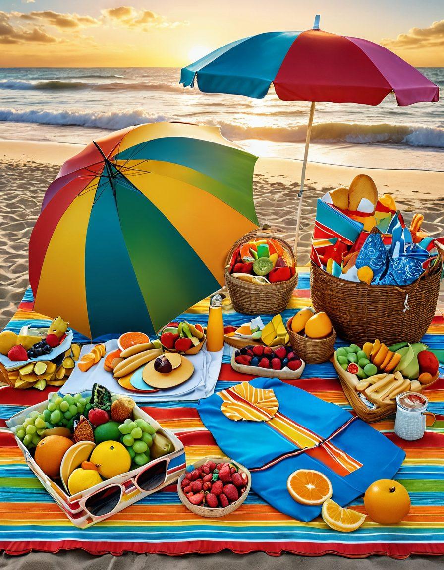 A vibrant beach scene showcasing stylish beachwear paired with delicious snacks. Include colorful swimsuits and sundresses along with tropical fruits and gourmet beach snacks artfully arranged on a picnic blanket. The sun sets in the background, casting a golden glow. Add playful elements like beach umbrellas and a surfboard for a lively atmosphere. super-realistic. vibrant colors. 3D.