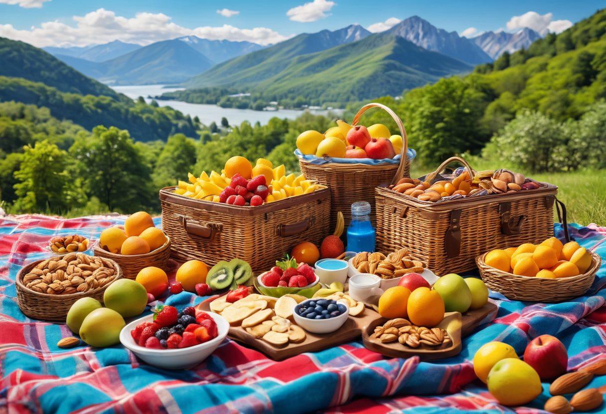 A vibrant travel scene featuring a colorful picnic spread of healthy treats like fruit, nuts, and low-calorie snacks, elegantly arranged on a picnic blanket by a scenic overlook. Include a backdrop of beautiful mountains and clear skies, with a suitcase and a camera nearby, evoking the joy of guilt-free indulgence while traveling. Bright and cheerful colors. super-realistic. 3D.